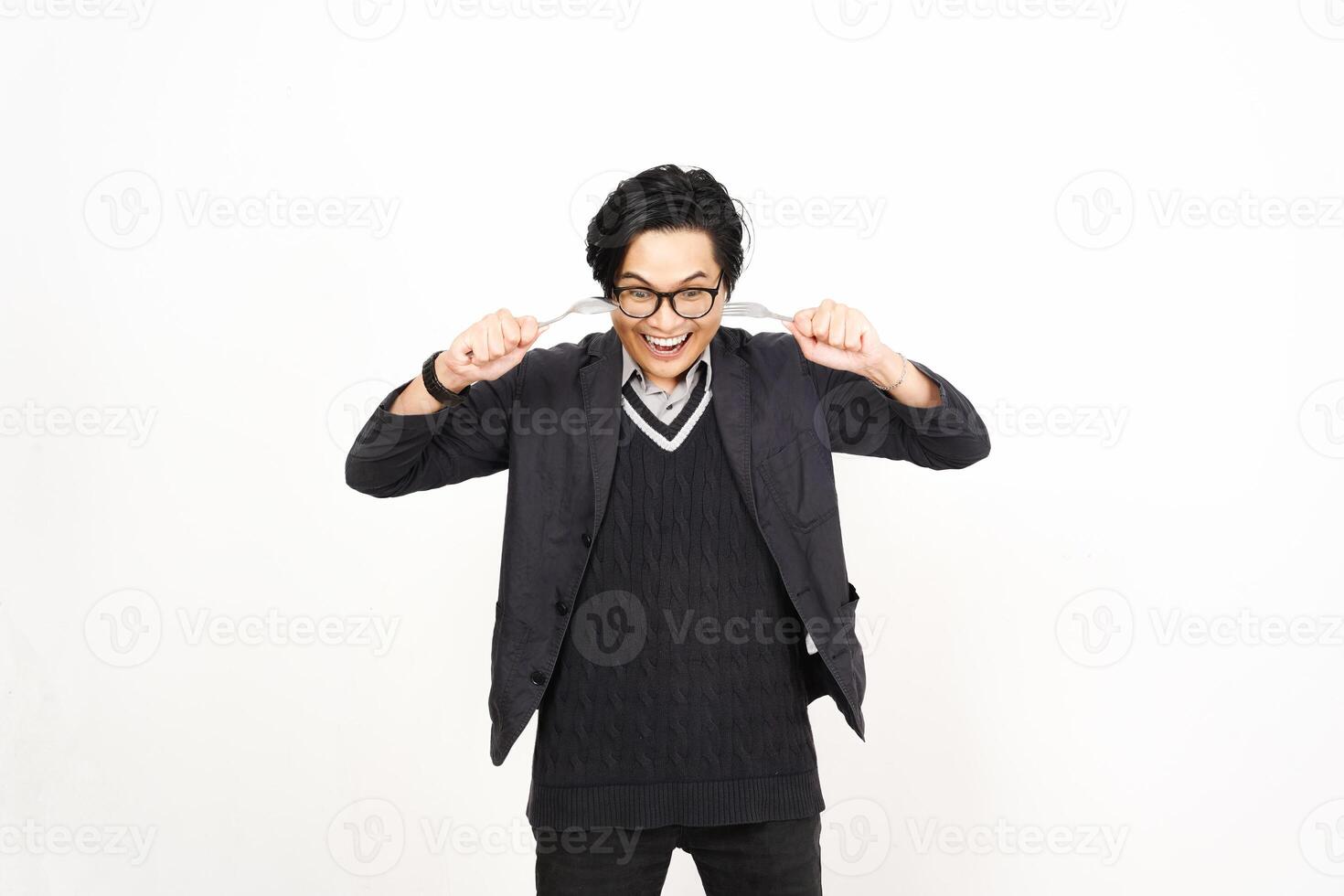 A man in glasses and a sweater is making a funny face photo