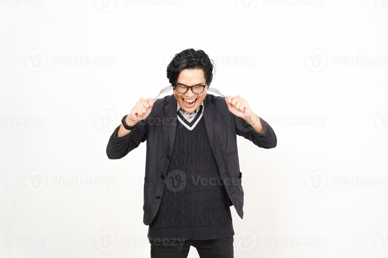 A man in glasses and a sweater is making a funny face photo