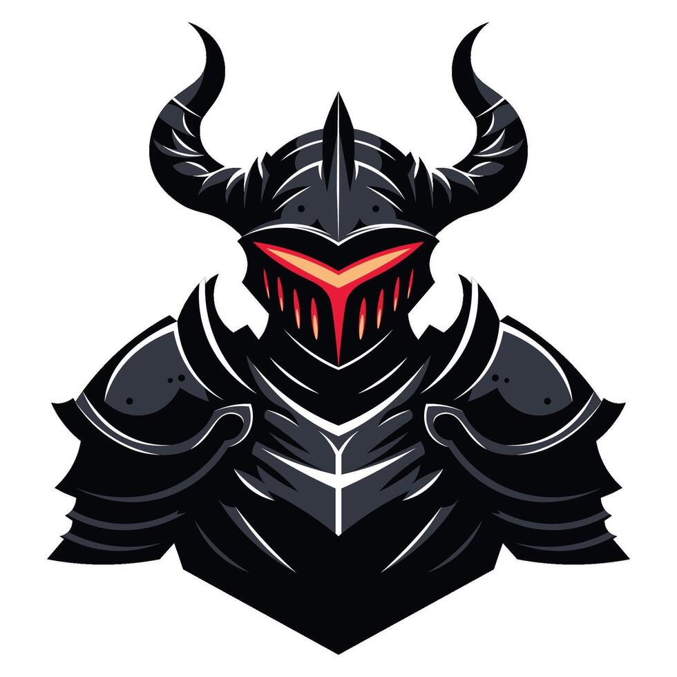 A dark knight with red orange eyes wearing a horned helmet, esports logo design vector