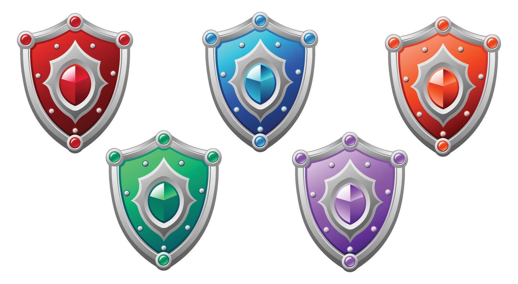 set of silver medieval gaming shieldswith gemstones vector