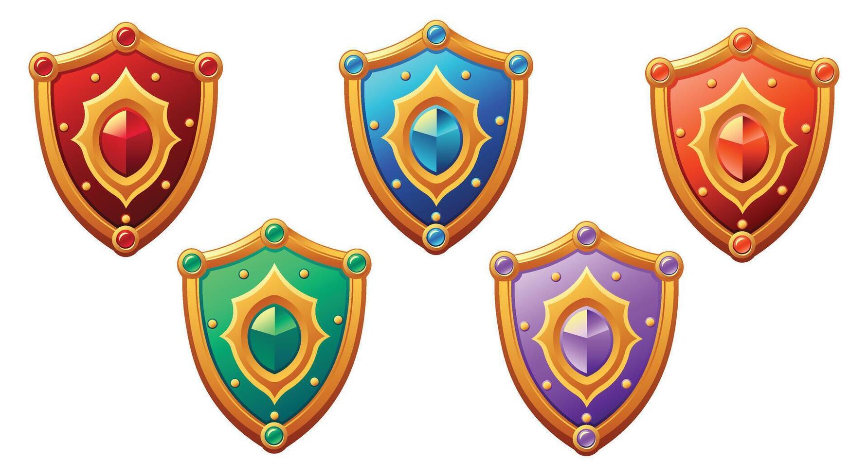 set of gold medieval gaming shields with gemstones vector