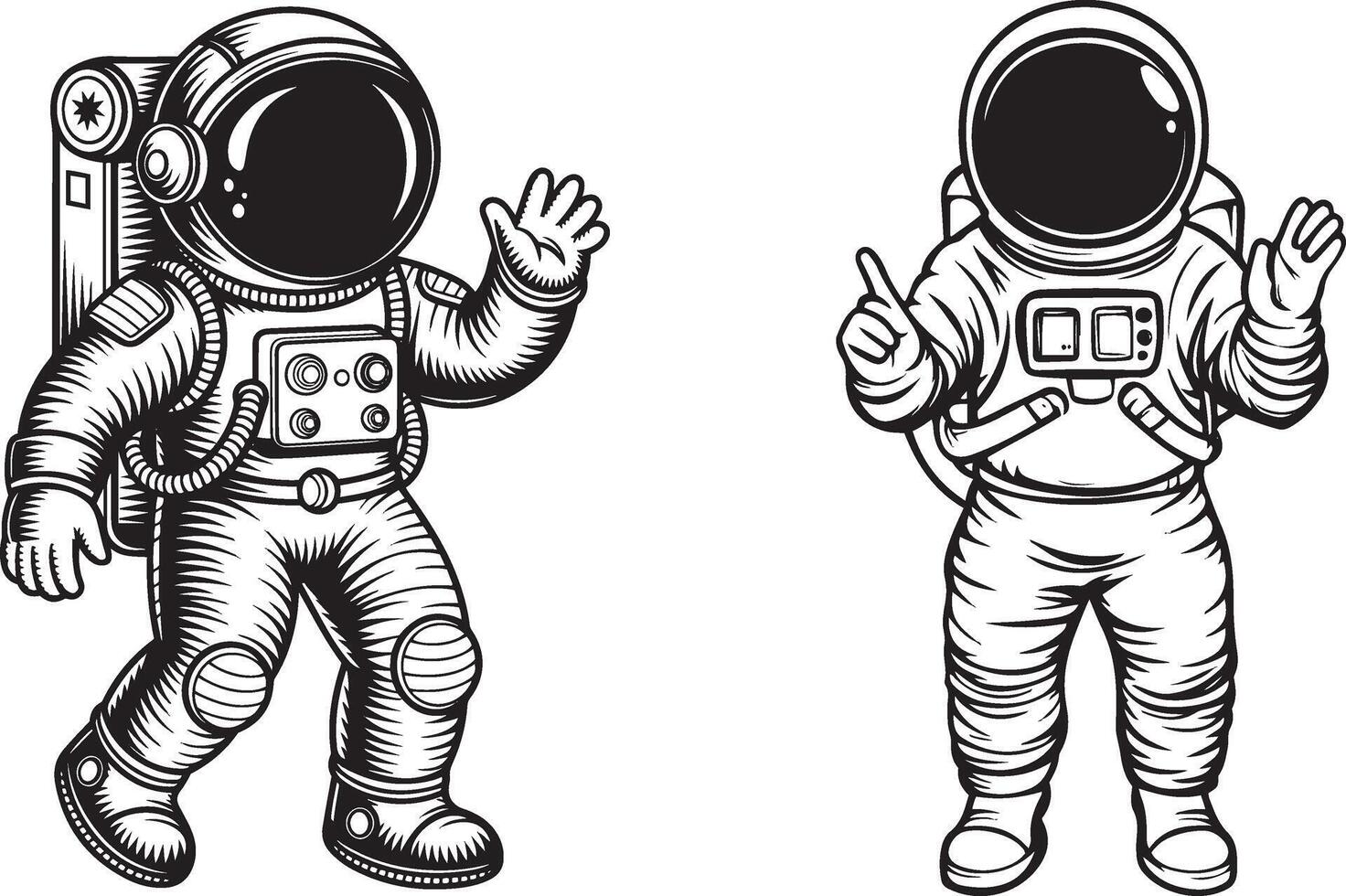 Set of Astronauts in Space Suits Posing in Retro Style black silhouette line art coloring book page design vector