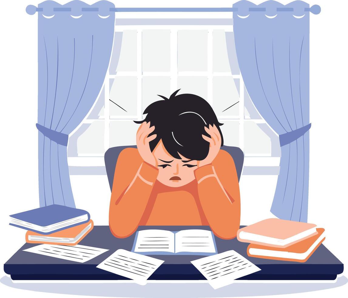 A young Stressed Student Overwhelmed by Homework in a Flat Style Illustration design vector