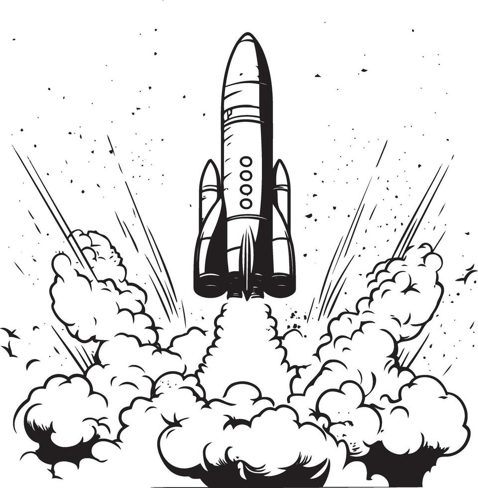Rocket Launch Explosion Spacecraft Blastoff Ascent Cosmos Flight black silhouette line art coloring book page design vector