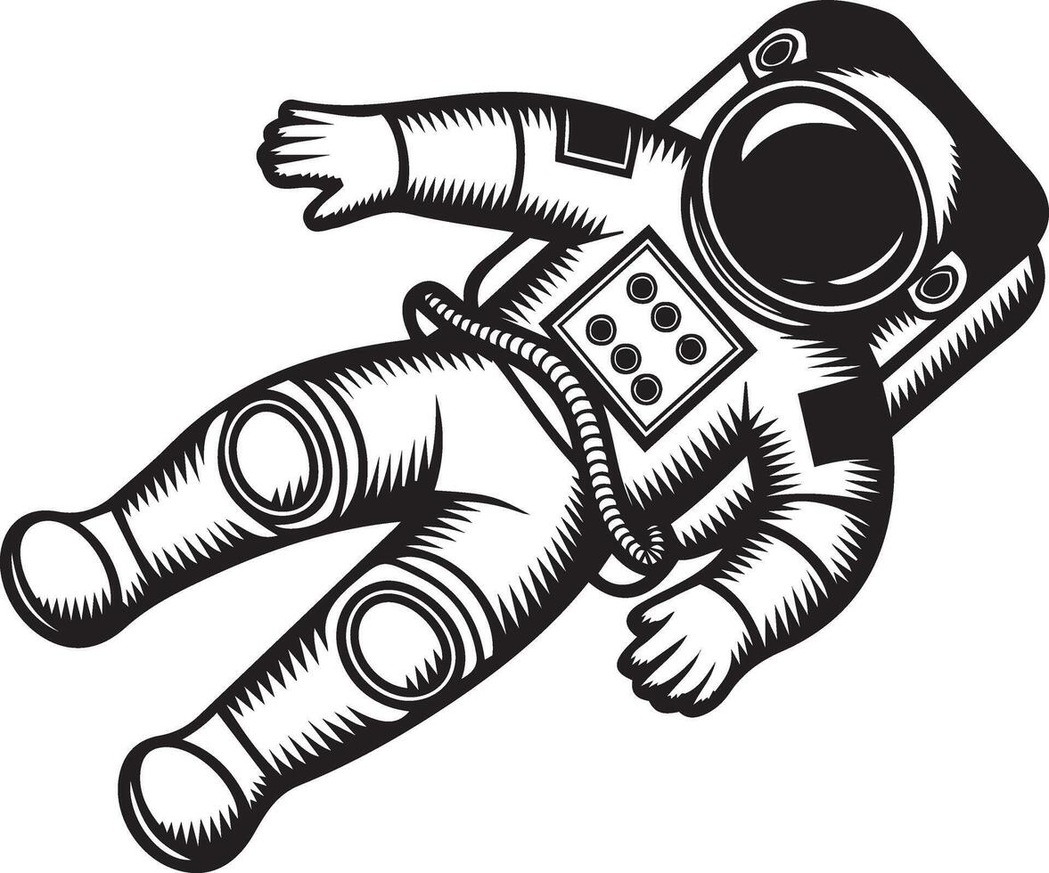 A stylized, black and white silhouette illustration of an Floating Astronaut in a space suit vector
