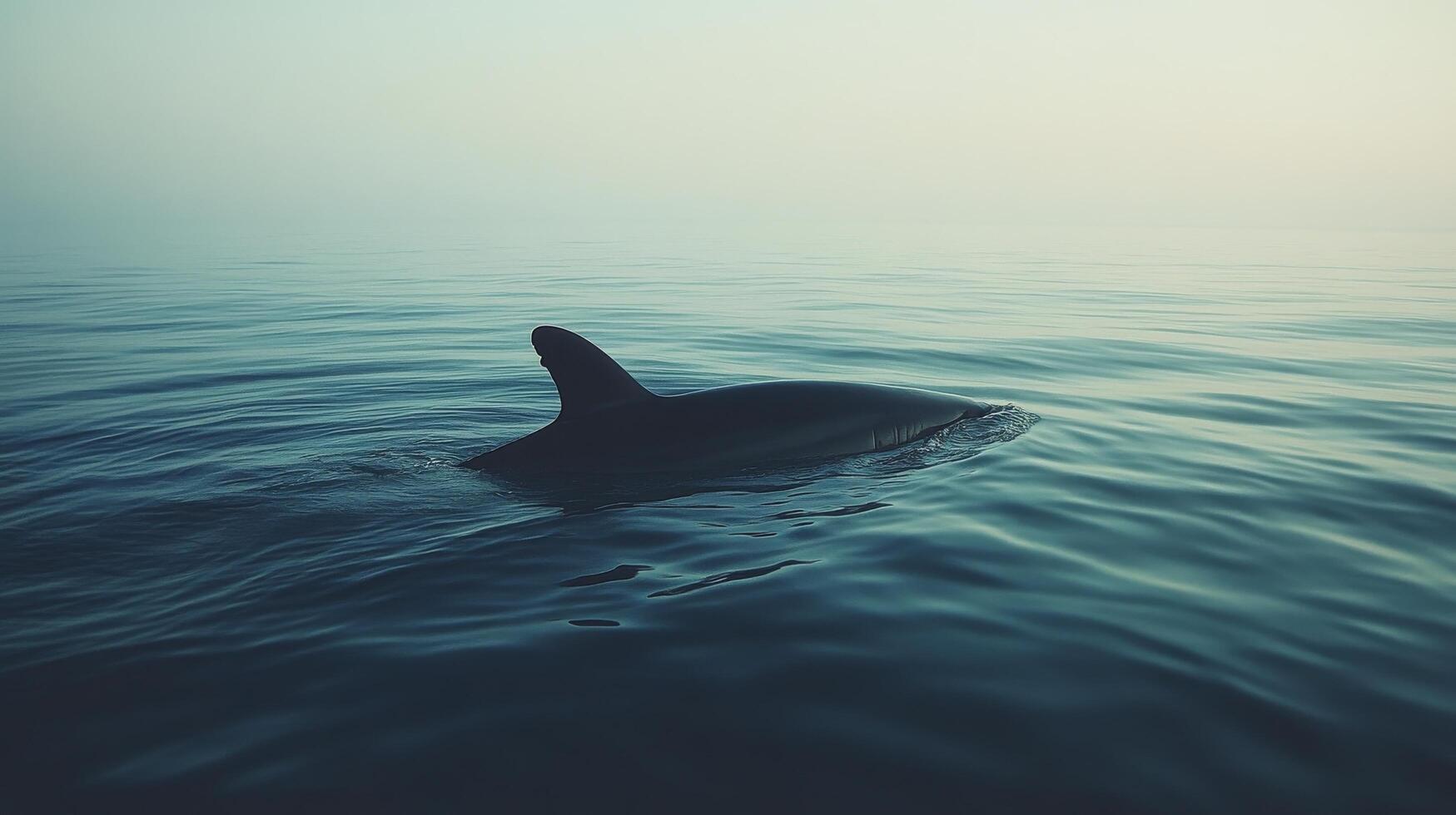 A dolphin swimming in the ocean with a foggy background photo
