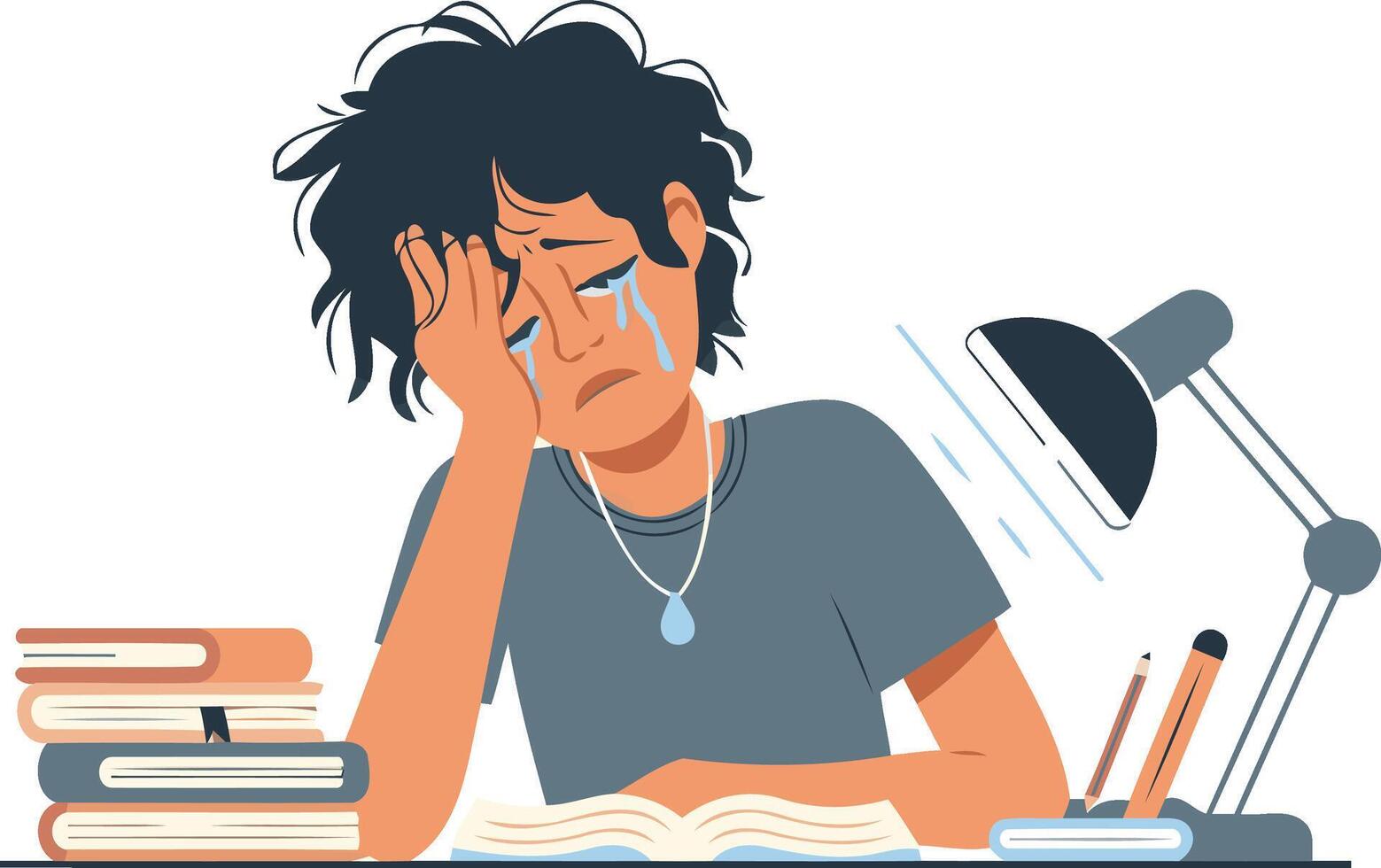 Stressed Crying student struggling with homework in a Flat Style Illustration design vector