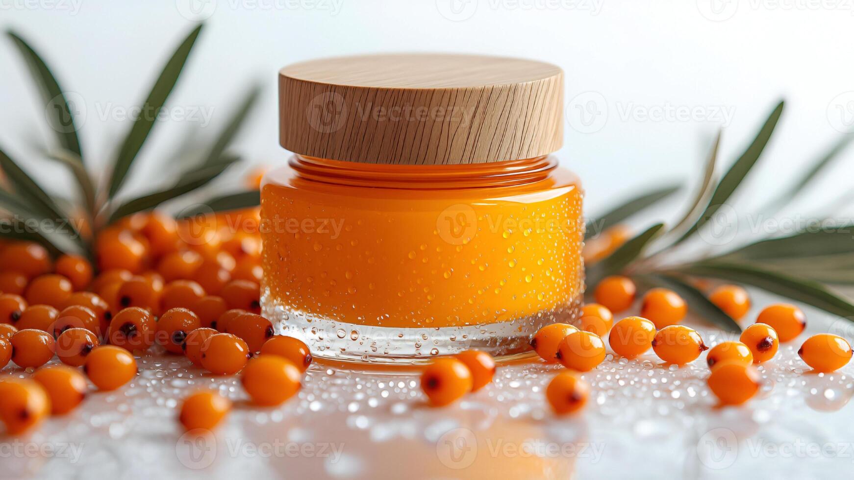 Sea buckthorn background with a glass jar of buckthorn oil or cream and water drops photo