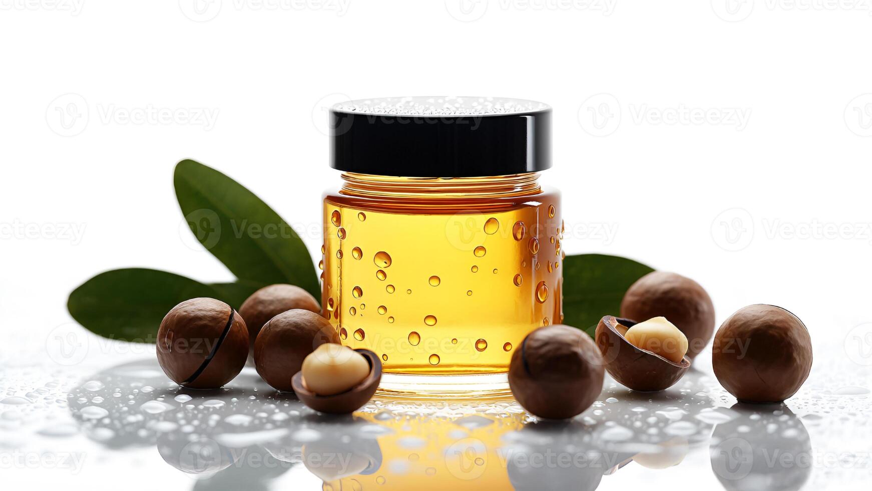 Macadamia nuts and a glass jar of oil and water drops on the white background photo