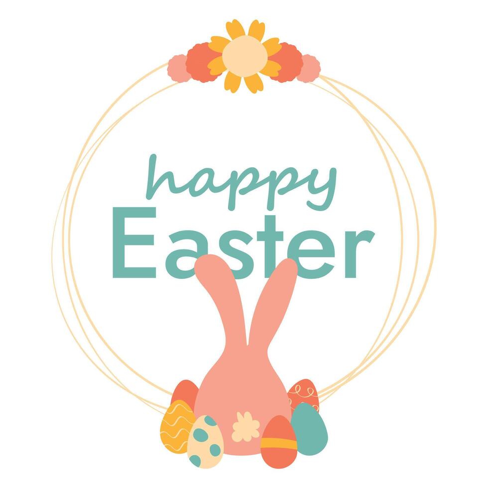 Round Frame with Rabbit with Eggs and Flowers. Doodle children card with text Happy Easter. Hare sits with its back. Cute Bunny with painted holiday elements. Buds. Spring event. illustration vector