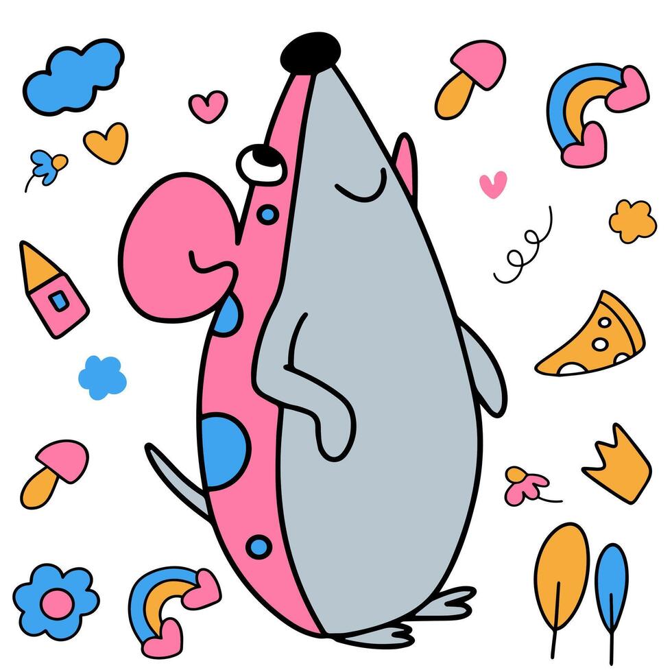 Cartoon gray mouse in pink with blue polka dots looking up surrounded by cartoon elements vector