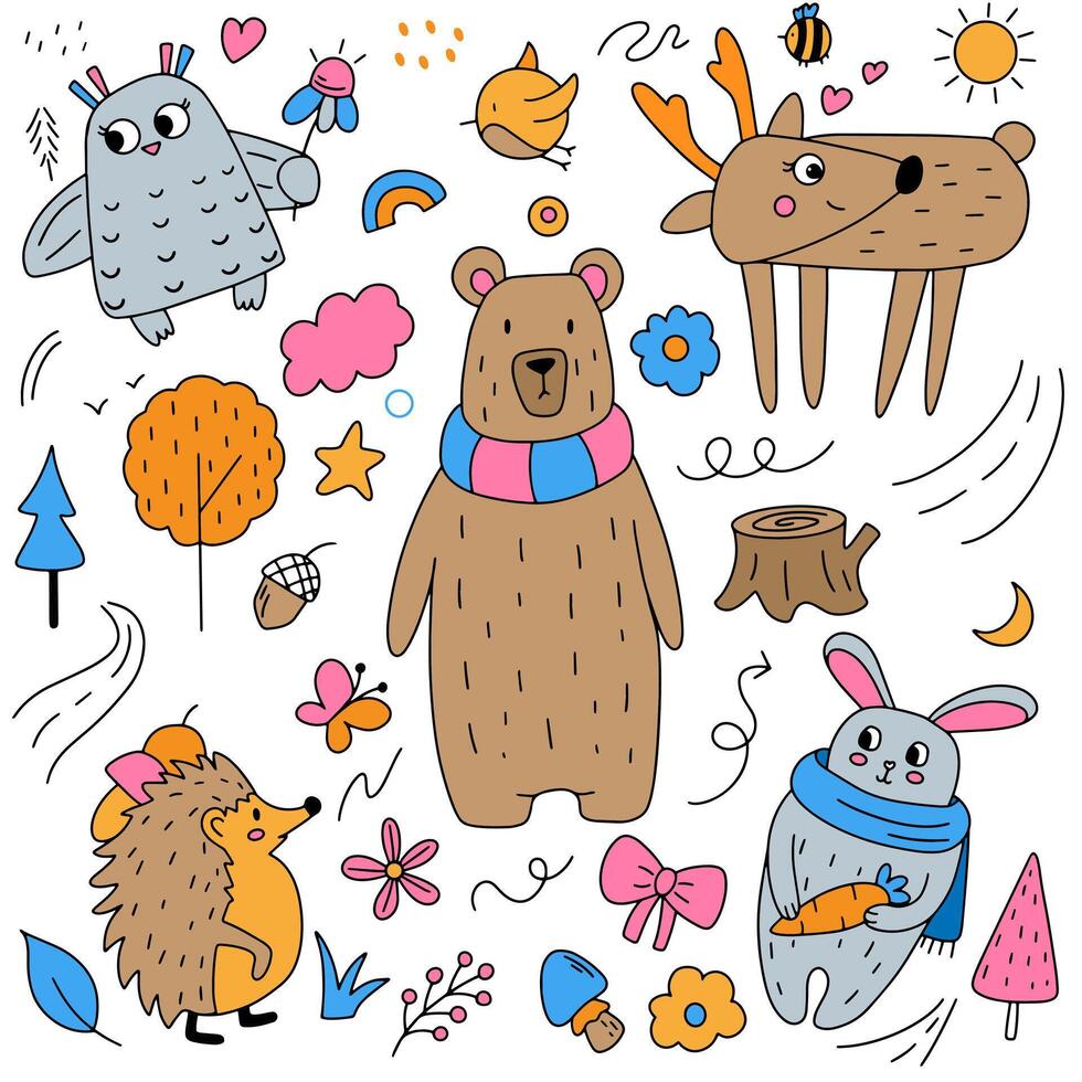 Cartoon forest animals in children's hand-drawn style for design, pattern vector