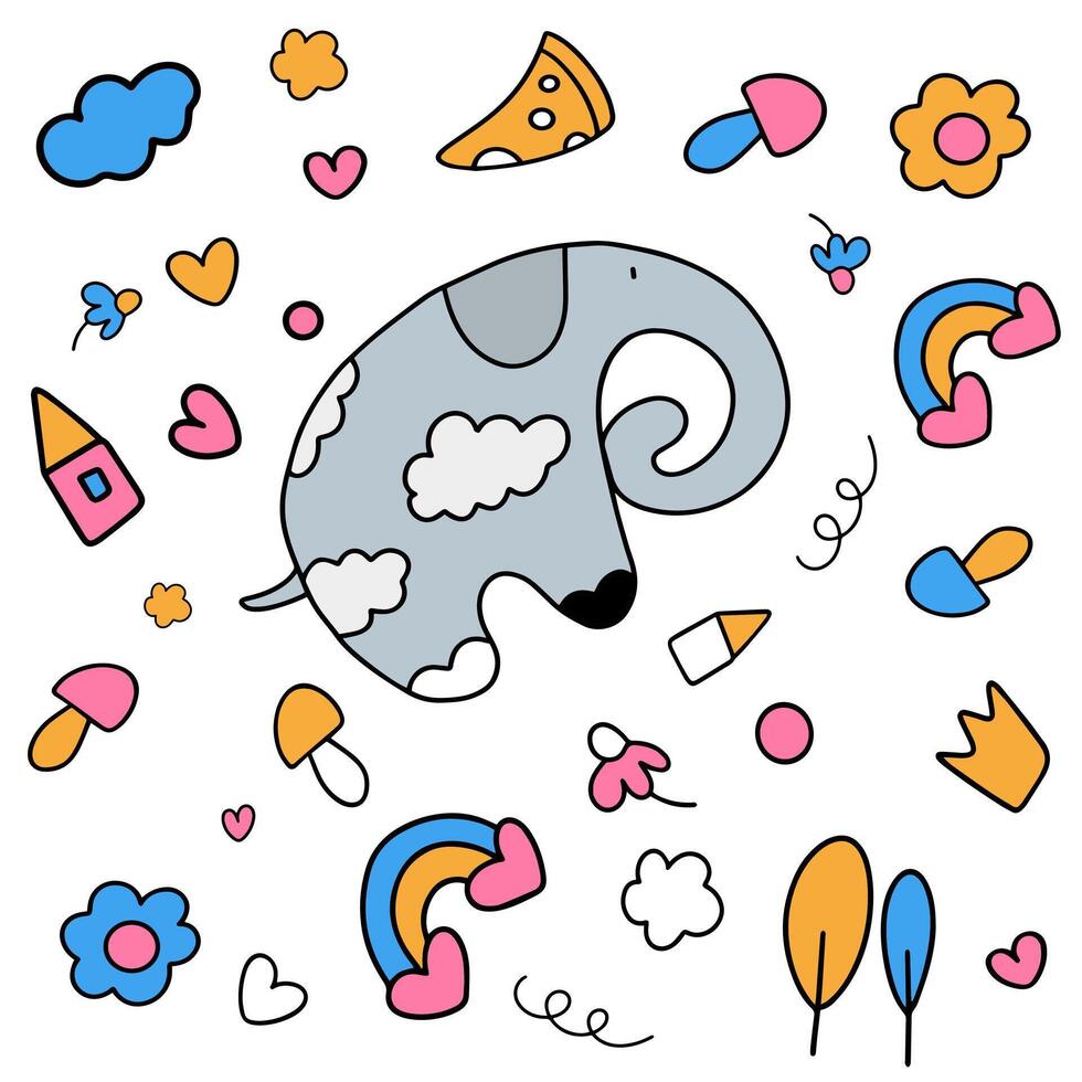 Cartoon baby elephant with clouds surrounded by cartoon elements vector