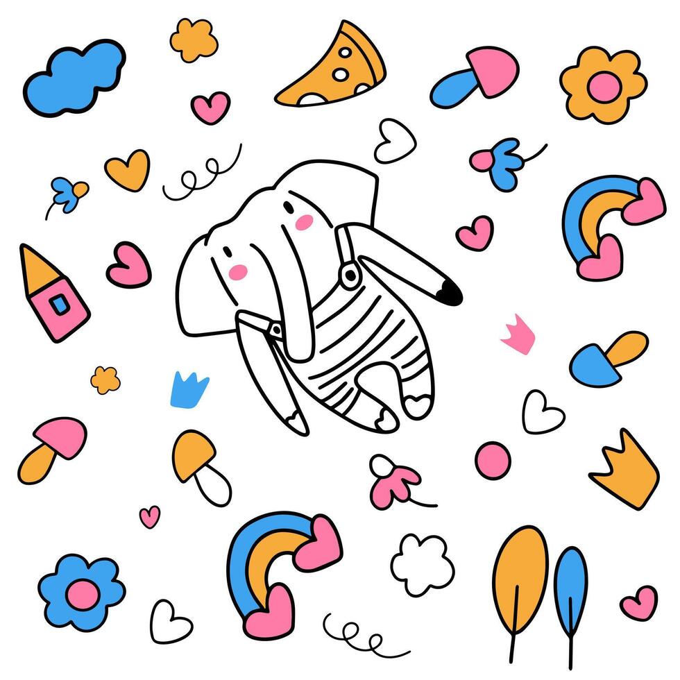 Cartoon baby elephant surrounded by cartoon elements vector