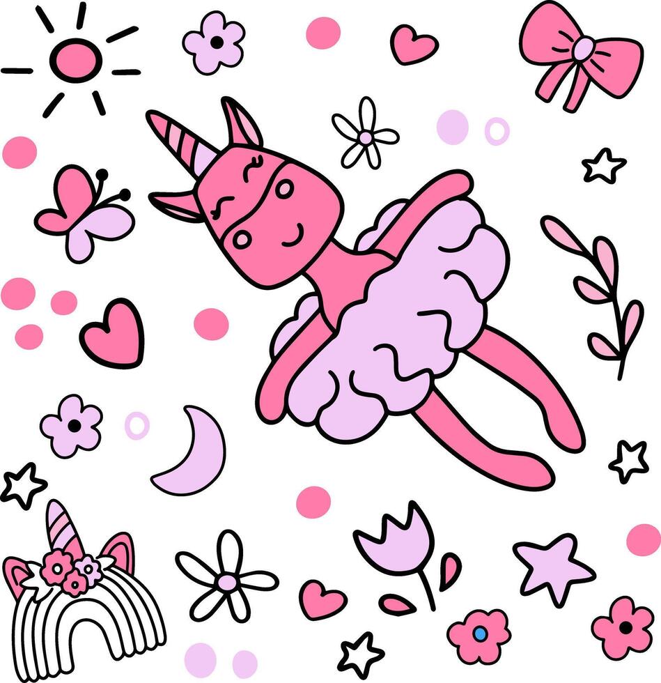 Childrens animals set with a pink unicorn in dress in hand drawn doodle technique vector