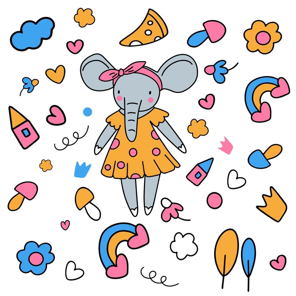 Cartoon baby elephant in a yellow dress and with a pink bow surrounded by cartoon elements vector