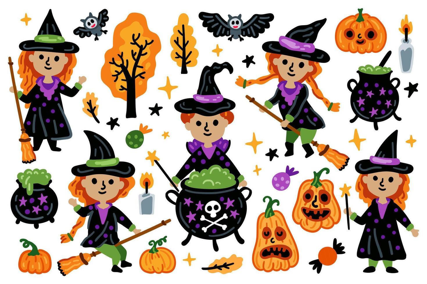 Set of Halloween characters scary witch, pumpkin and flying bat, cauldron vector