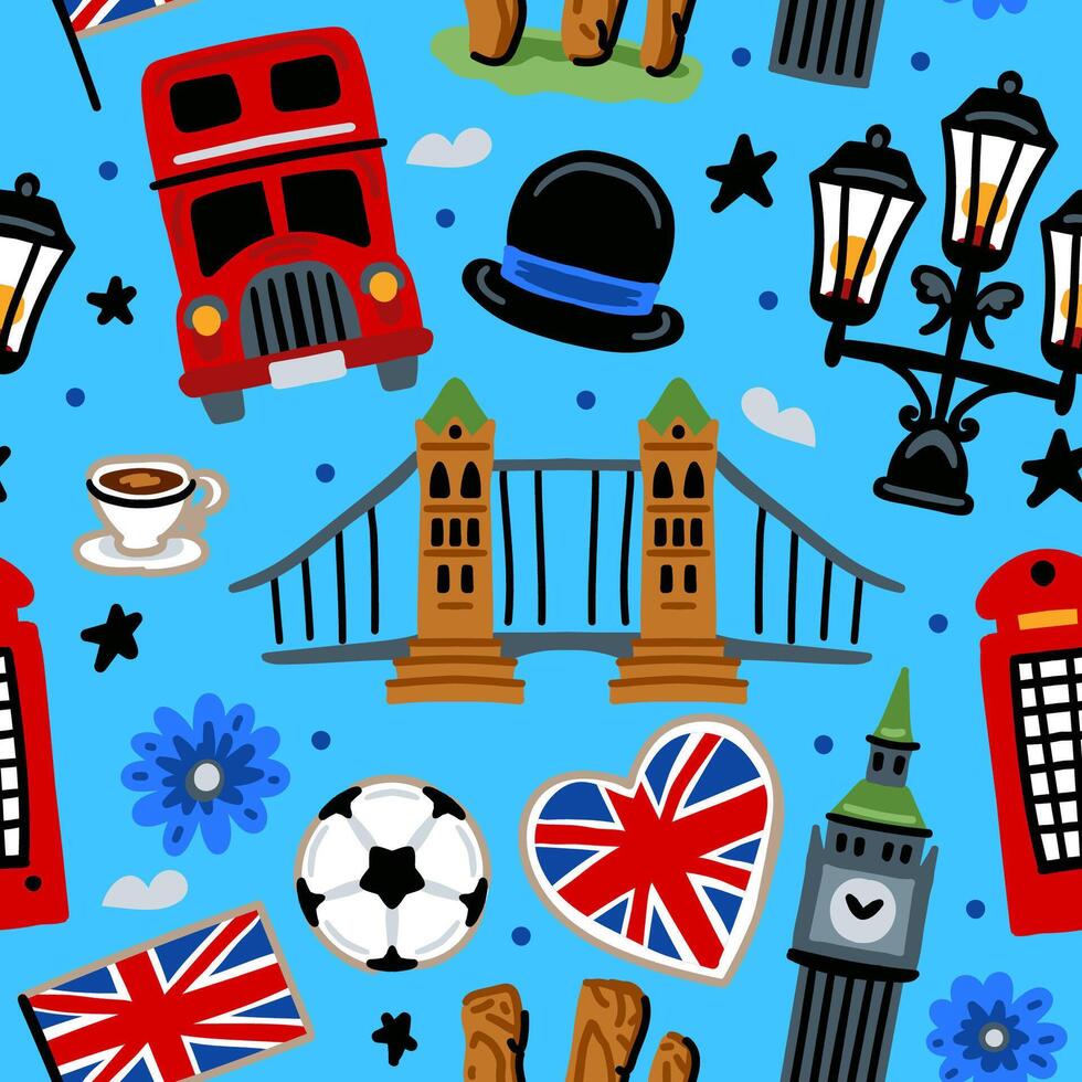 Bright children seamless pattern with symbols of Great Britain vector