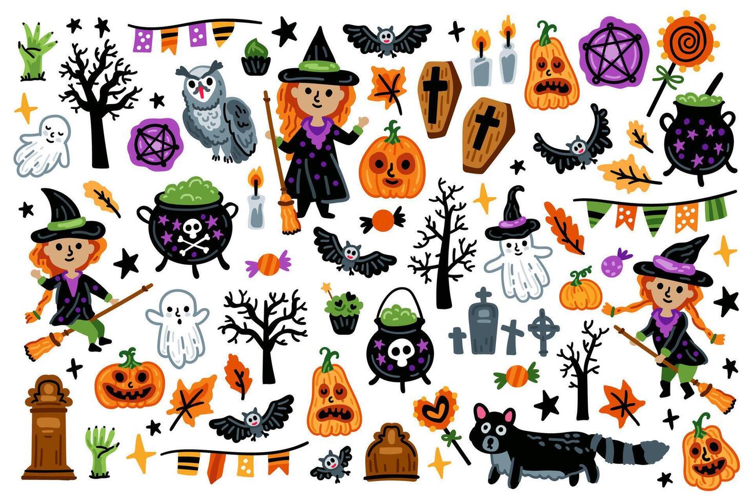 Set of Halloween characters, Children in funny and scary witch costumes vector