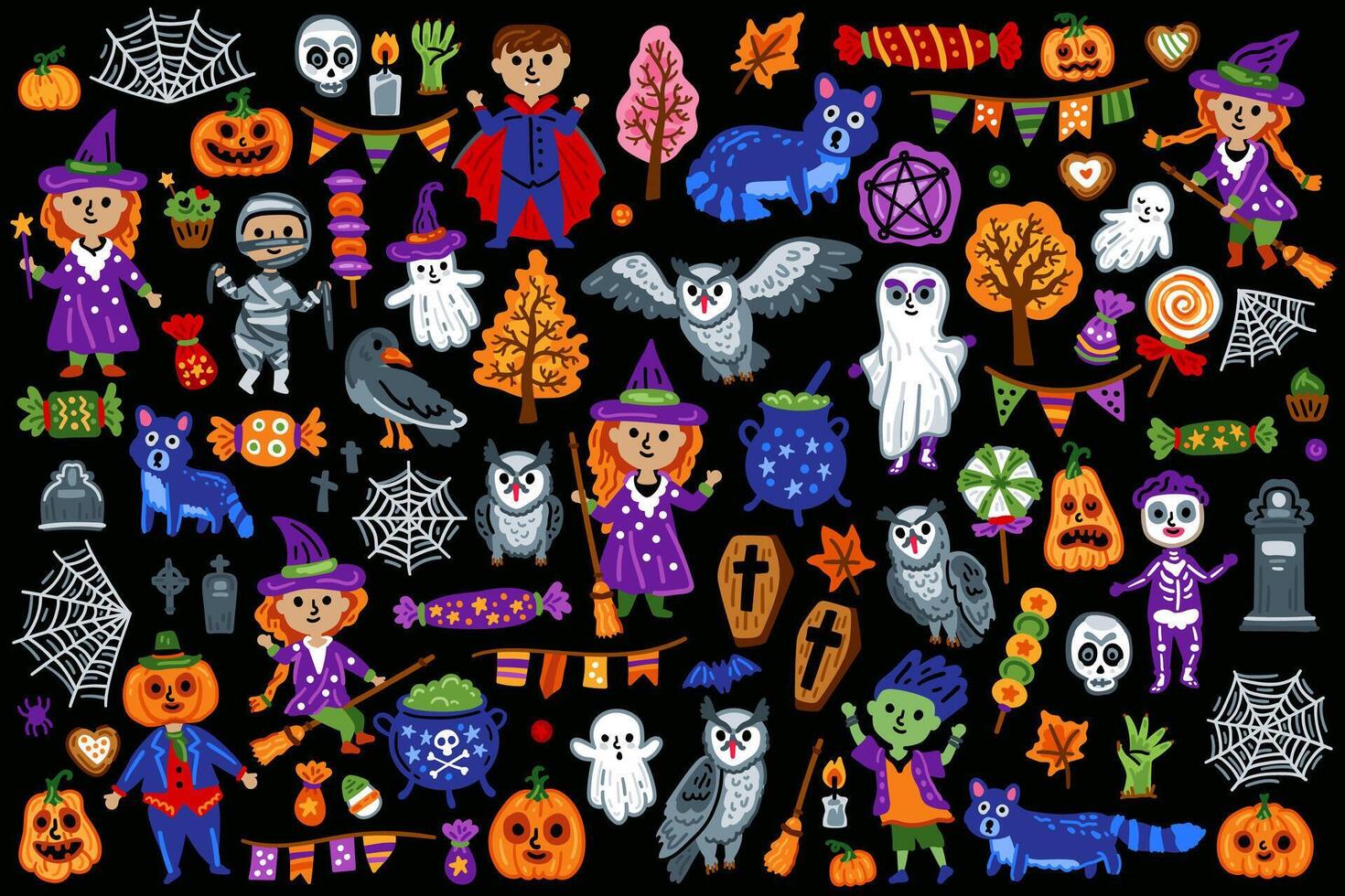 Set of Halloween symbols, Children characters in funny and scary witch costumes vector