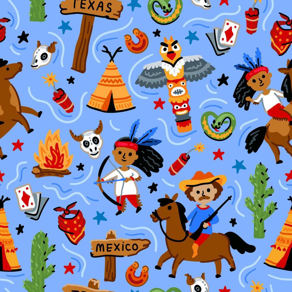 Cowboy and American native indians western pattern vector