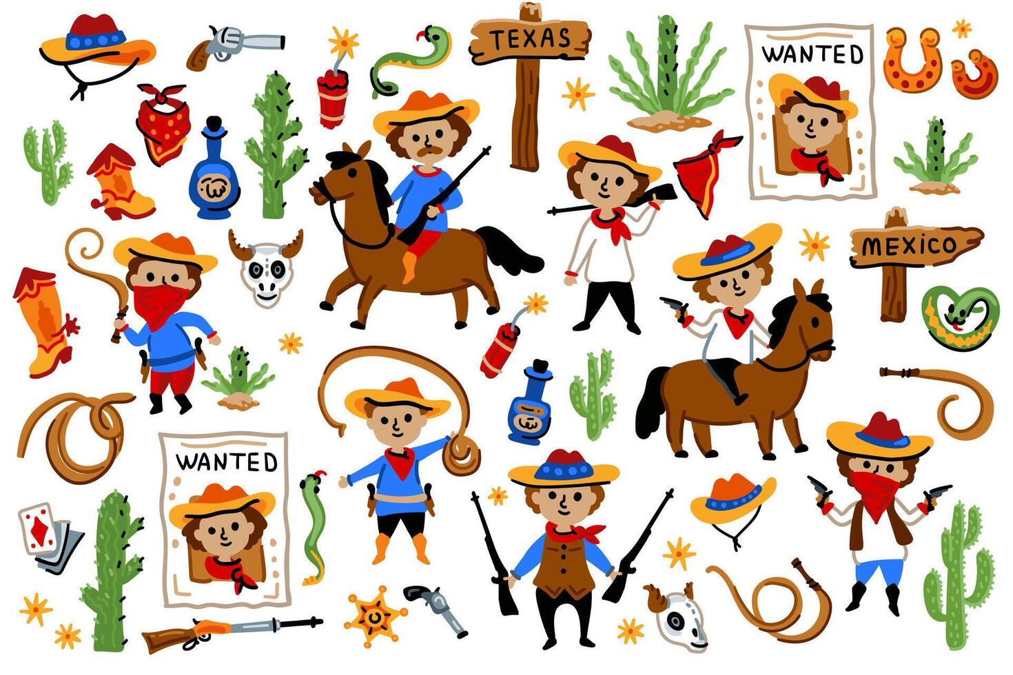 Set of cowboy characters, American Wild West Collection. Cartoon style. vector
