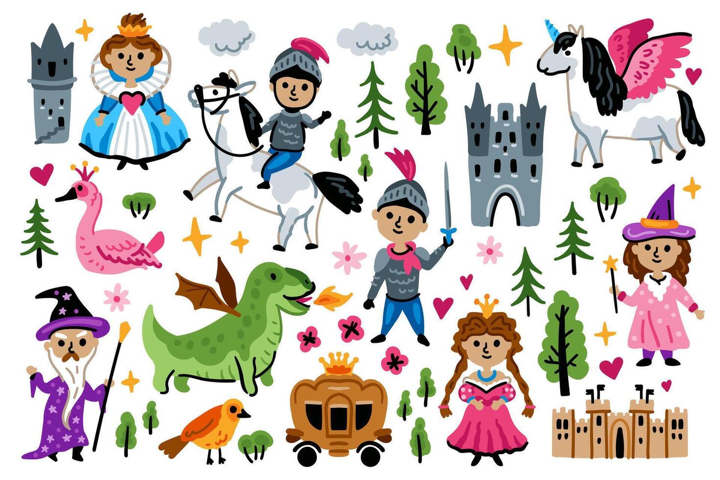 Big Middle Ages collection of magic children fairy tale characters. Cartoon legends Kingdom elements. Childish background. Princess, Knight, Castle and unicorn and Dragon. Wizard vector