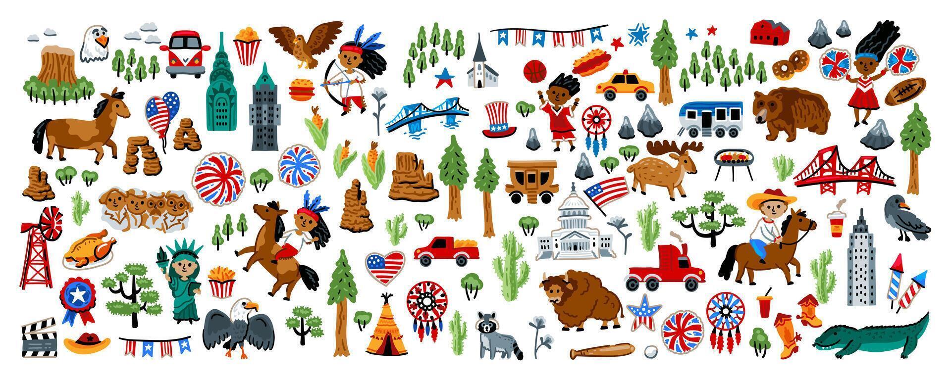 A huge set of North American elements. Symbols of Canada. Nature, animals, characters, objects. For maps and children's designs. Travel landmarks illustrations. Cartoon style. Childish artwork vector