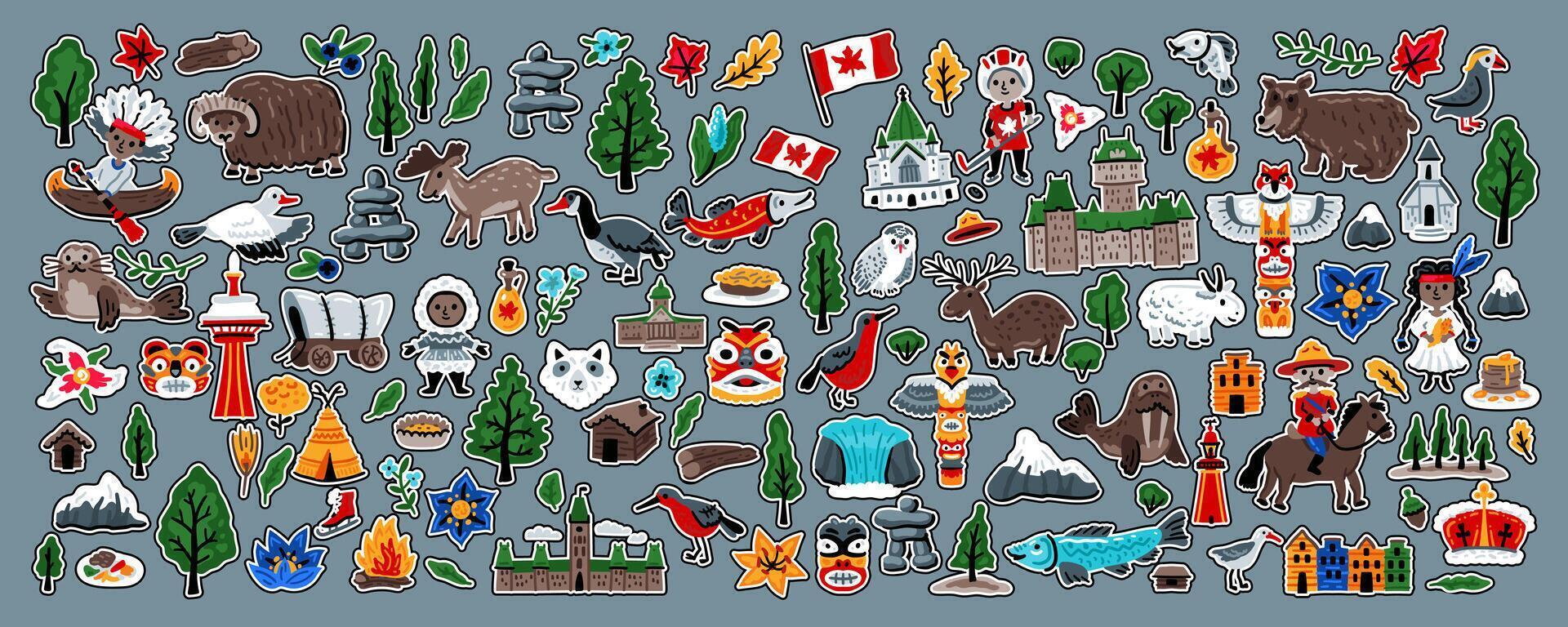 Set of stickers with landmark symbols of Canada. For printing, for souvenirs, graphics for posters. Collection of design elements in a hand-drawn style. Children's doodle illustration for concept art vector
