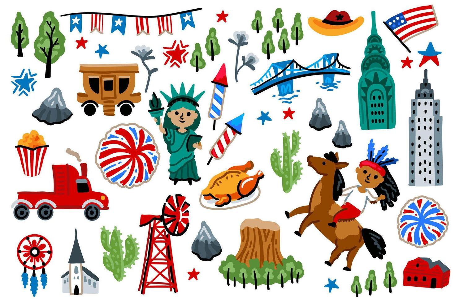 Cartoon style. Childish. July 4th. Symbols of USA. Statue of Liberty, Mount Rushmore, flag, cowboy. For maps and children designs. Set of Independence Day American elements. vector