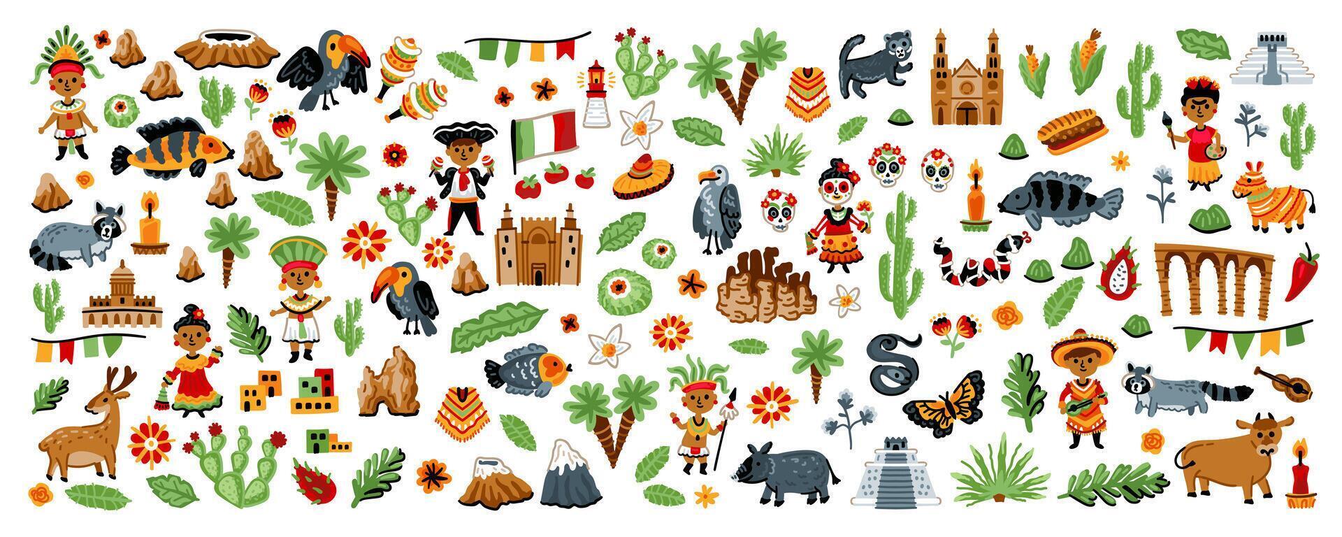 A huge set of Latin American elements. Symbols of Mexico. Nature, animals, characters, objects. For maps and children's designs. Travel landmarks illustrations. Cartoon style. Childish artwork vector