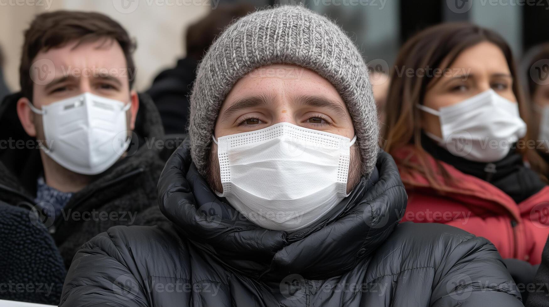 Close-up of a man wearing a protective mask and winter clothing outdoors, surrounded by other masked people. A concept of public health, pandemic safety, and social responsibility. photo