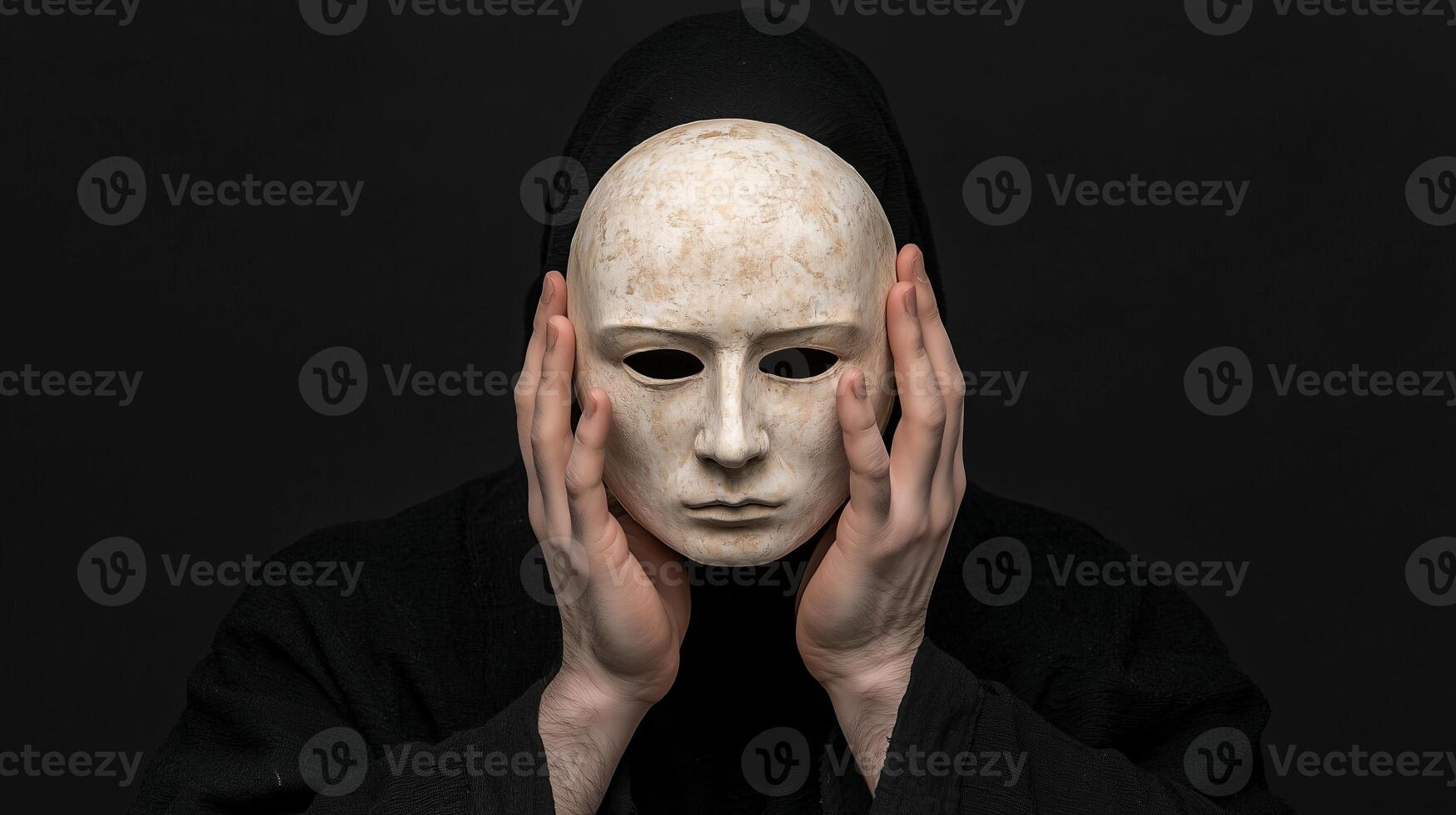 Mysterious figure in dark attire holding an aged, expressionless mask against a black background. Concept of anonymity and duality, hidden identity, secrecy and psychological depth photo