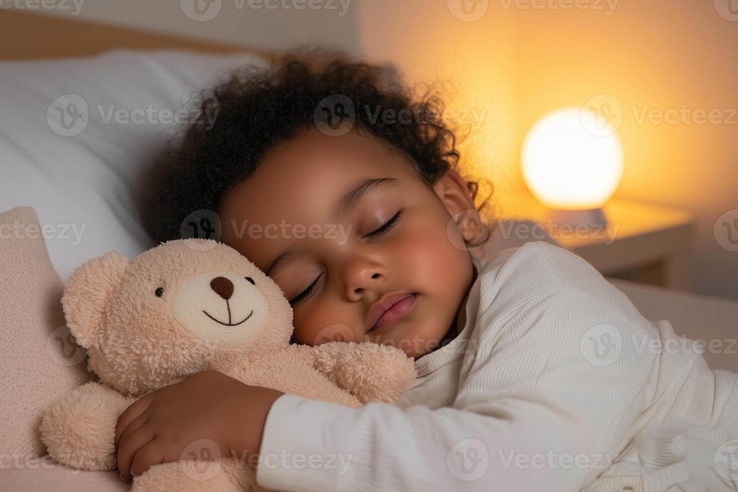 African child sleeping peacefully, hugging a teddy bear in a cozy bed with warm lighting. A concept of childhood comfort, security, peaceful sleep, and bedtime routine photo