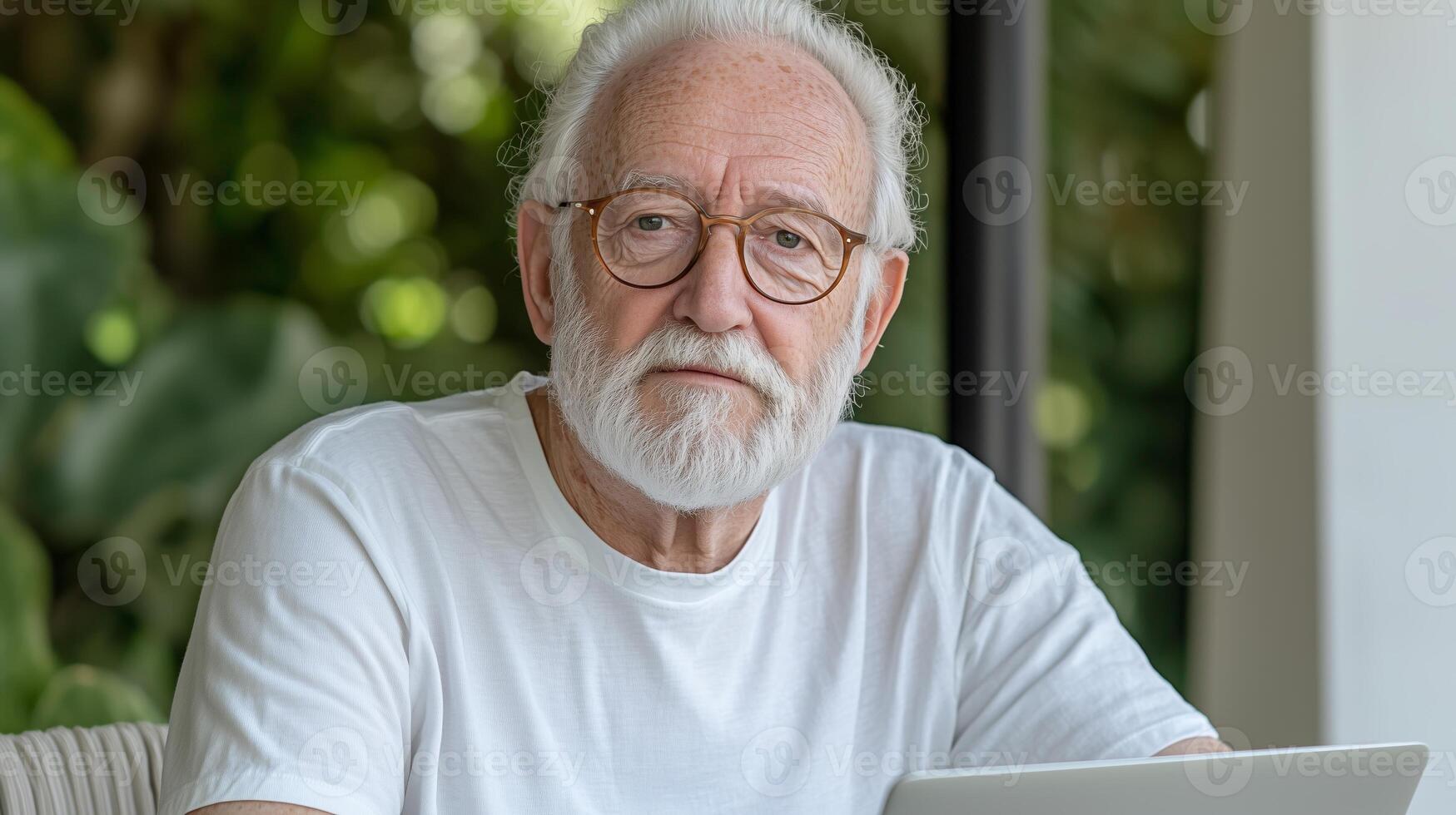 Elderly caucasian man with glasses relaxing indoors by laptop photo