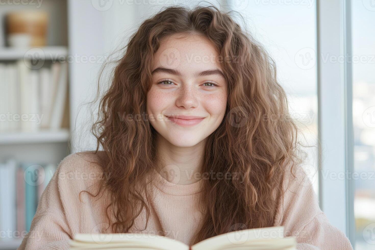Smiling caucasian young woman reading a book at home with natural light and curly hair photo