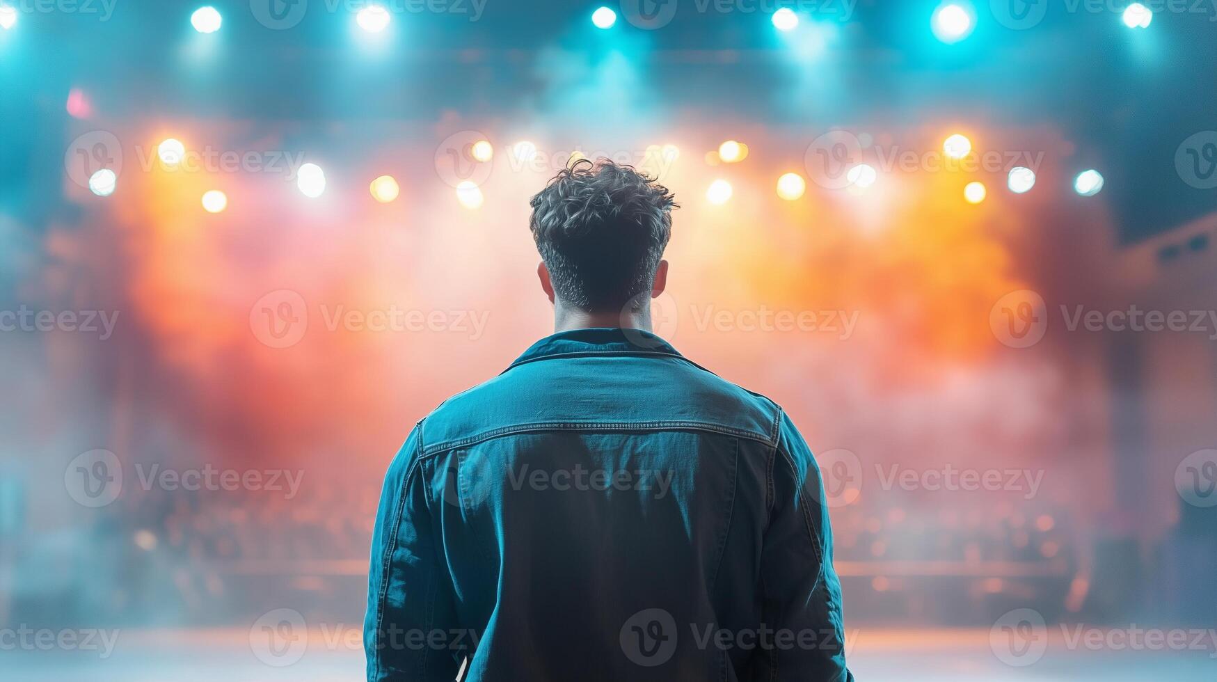Young caucasian man standing on stage, facing bright colorful lights and theatrical smoke, creating a dramatic and atmospheric scene. A concept of performance, ambition, and self expression photo