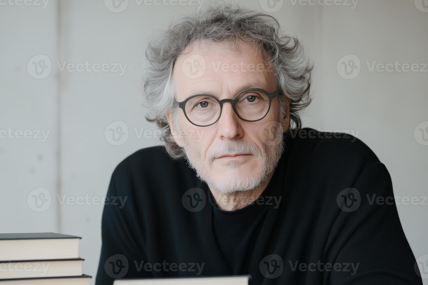 Close up mature man writer with glasses sitting at a desk surrounded by books. photo