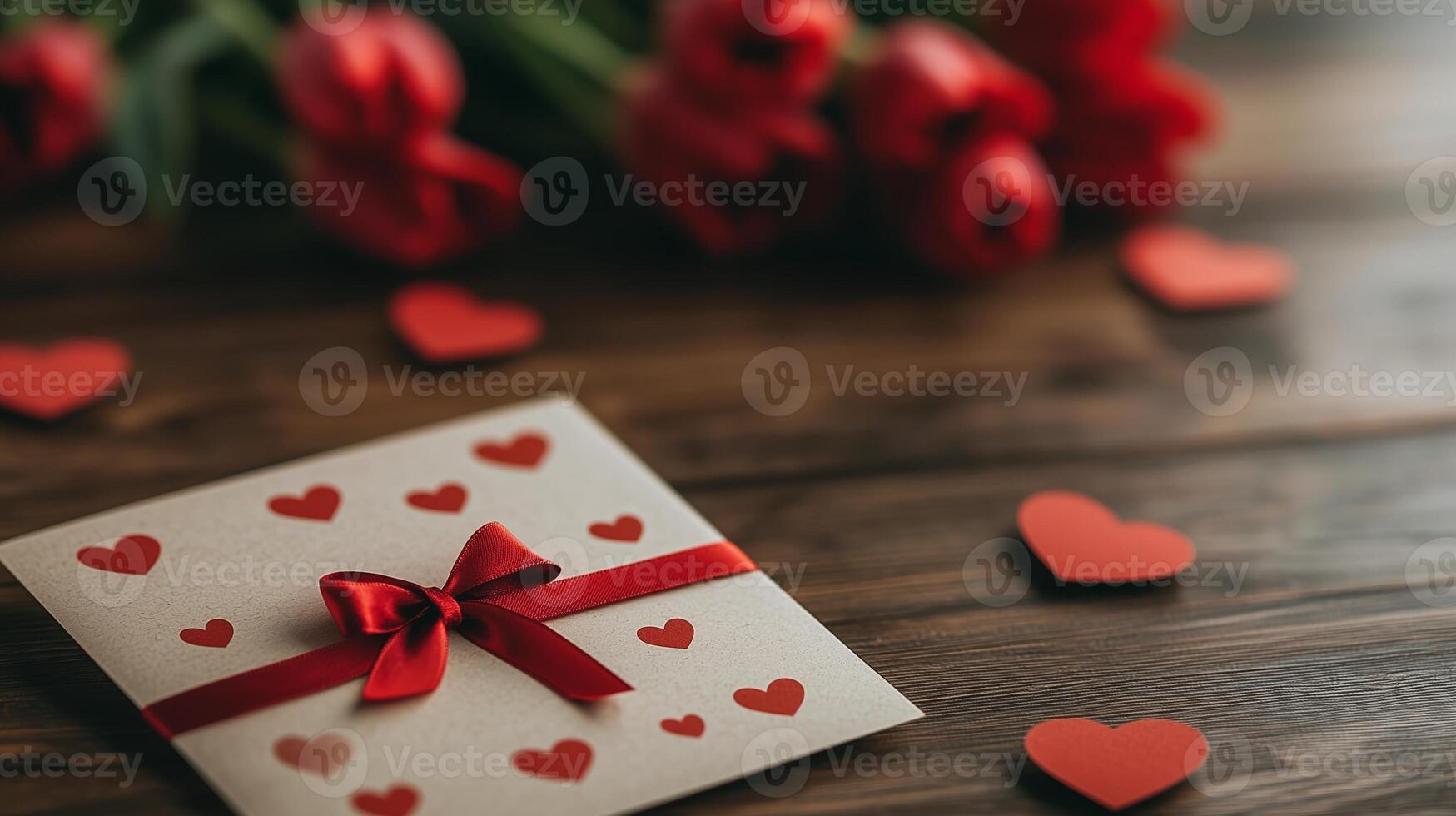 Heartfelt gift envelope with red hearts and ribbon, surrounded by tulips on a wooden table. A concept of love, gratitude, and appreciation, perfect for Mothers Day or a romantic gesture. photo