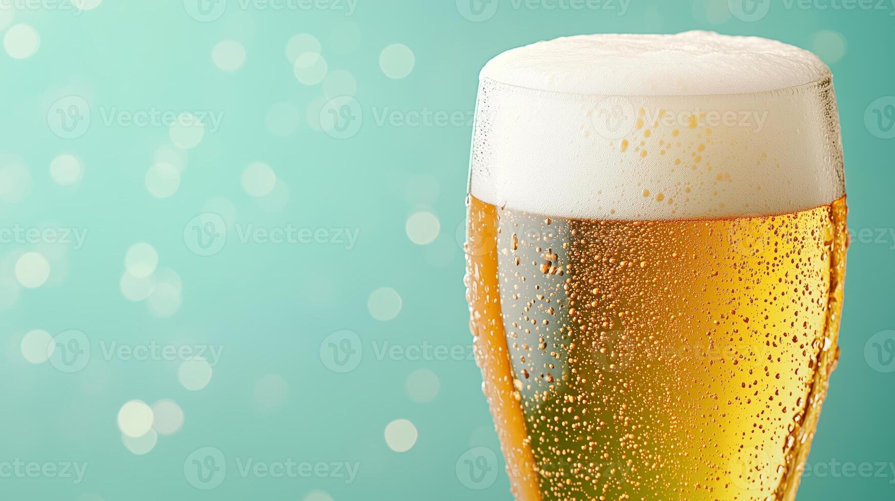 Close-up of cold refreshing beer glass with frothy head against soft green bokeh background with copy space. photo