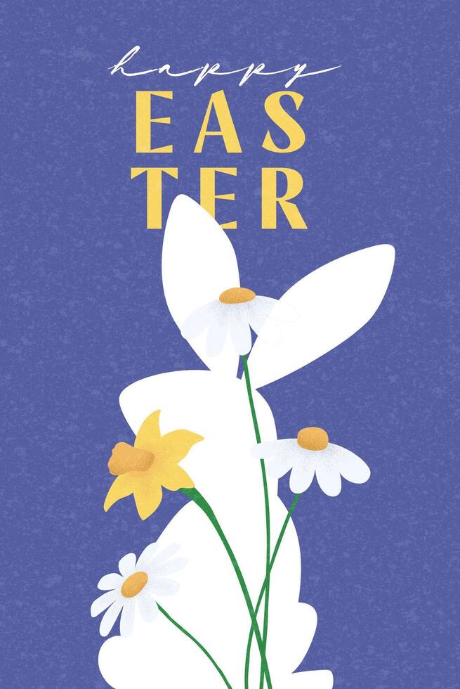 Happy Easter banner template. Creative Easter background with bunnies and flowers. A festive illustration for party design, celebration, branding, ads, covers, cards, and sales. vector