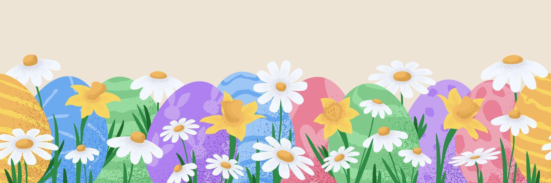 easter seamless pattern. Horizontal hand drawn Easter seamless pattern with eggs and flowers beautiful background. Suitable for Easter cards, banner, textiles, wallpapers. illustration vector