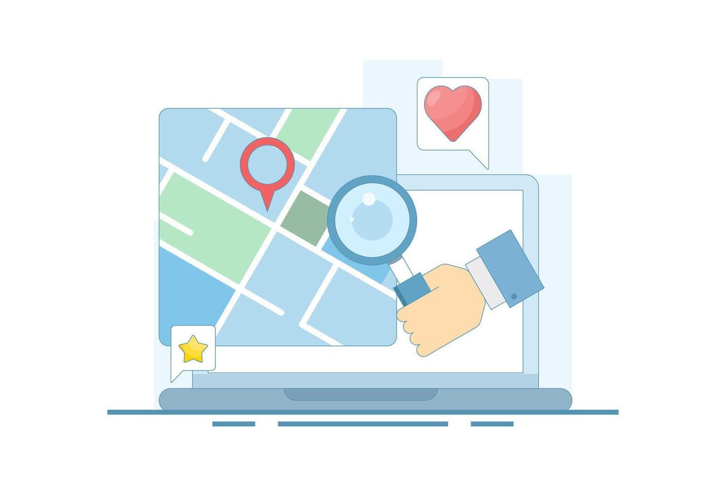 Map application concept, View map on laptop, Map software for exact location, Search engine map, Search location on map. GPS navigation, route movement and location search. Cartoon design illustration vector