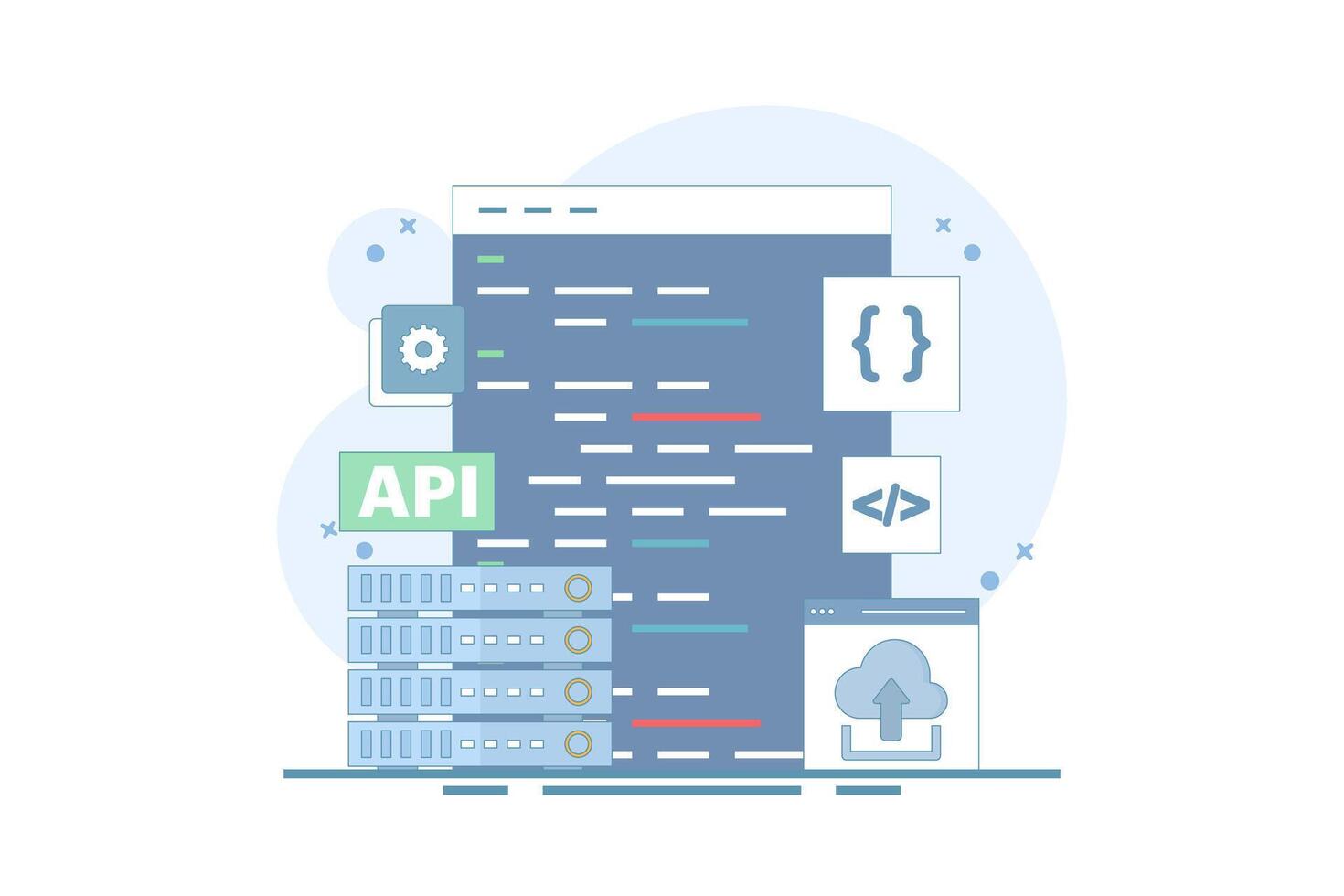Application Programming Interface Concept, API provides an interface for communication between applications, software development tools, the Internet, and networks. flat cartoon illustration. vector
