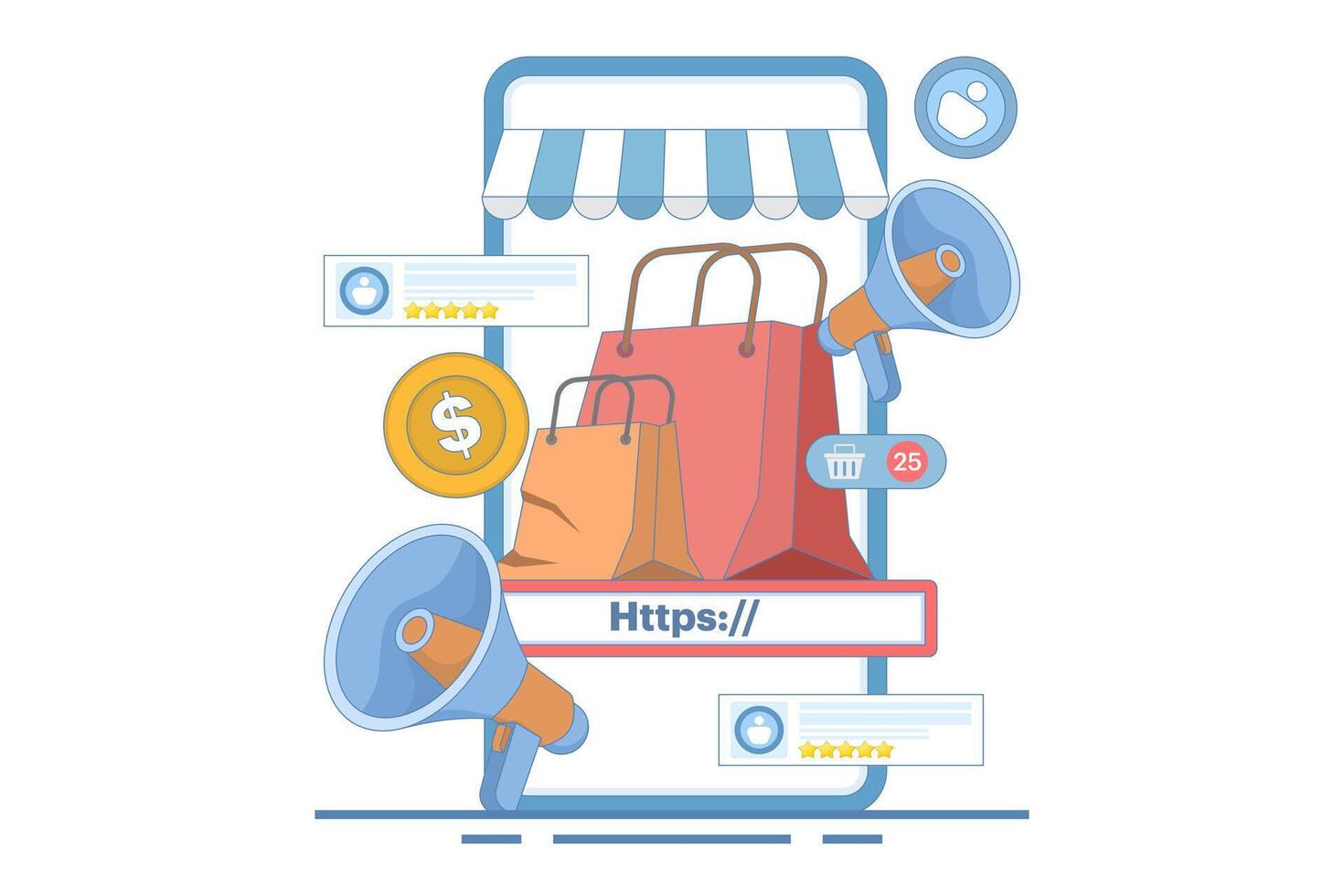 Affiliate program concept. Affiliate marketing. Promote and share affiliate links to earn commission. Earn commission from every product purchased through affiliate links. Simple flat illustration. vector