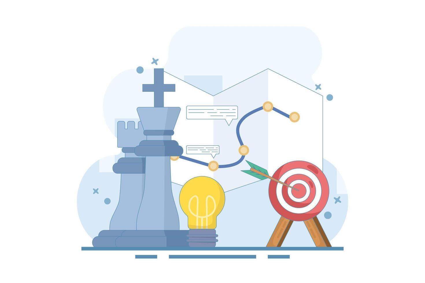 Dartboard target campaign strategic plan concept with chess. business strategic planning, achieving goals or objectives, business success, business planning to achieve success. flat illustration. vector