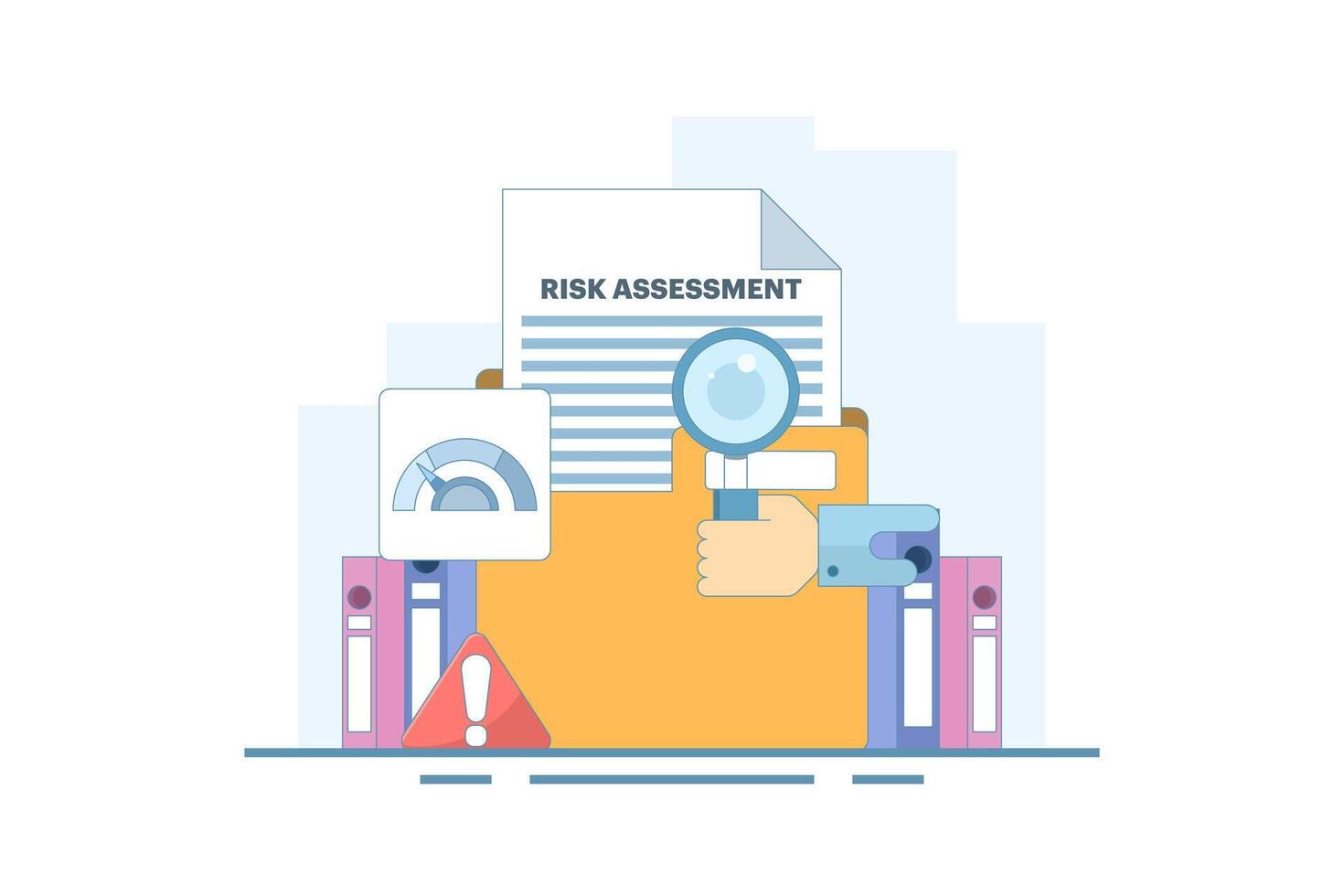 Risk Assessment Concept. Document with Magnifying Glass and Warning Sign. Analyze the level of potential danger, control or limit the loss. Flat design illustration in the background. vector