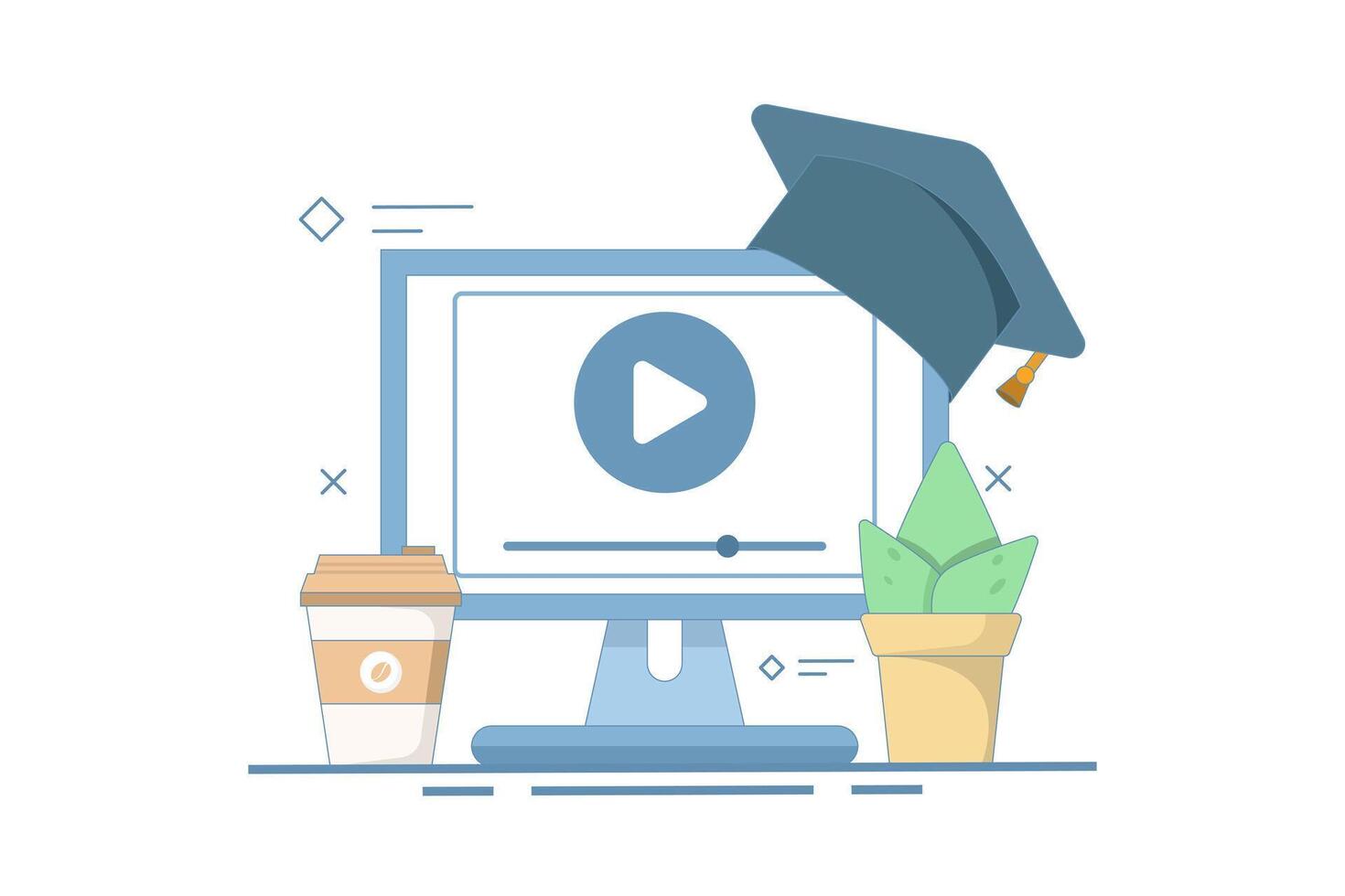 Online education concept, PC computer with cactus and coffee, digital marketing. Gaining knowledge to achieve success and better ideas. Flat design illustration on isolated background. vector