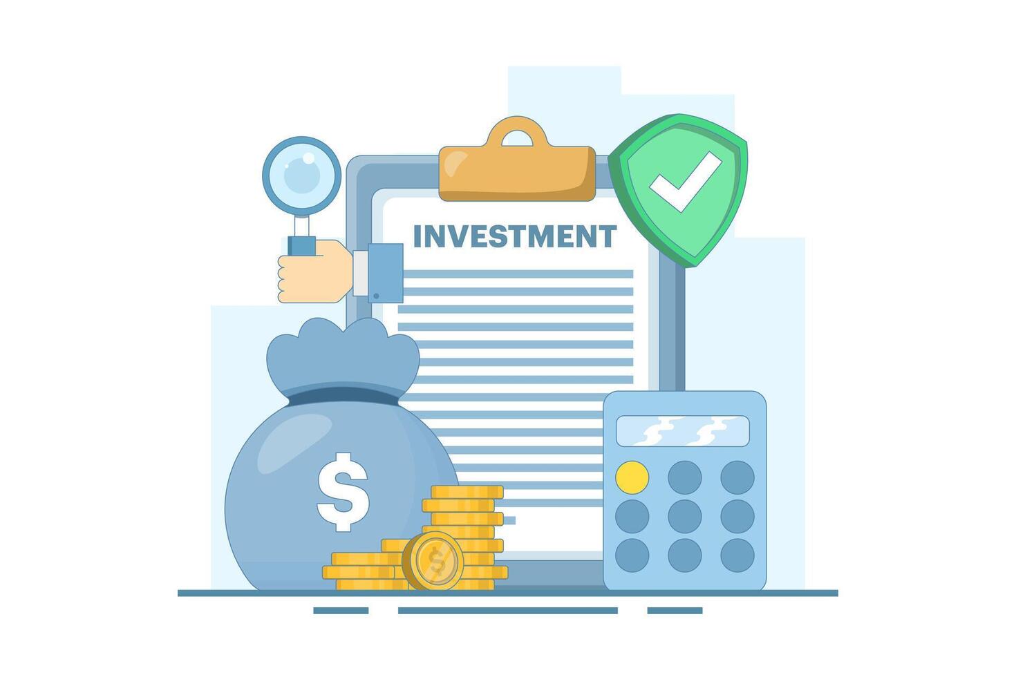 Safe Investment Concept. Clipboard with Calculator and Shield. Financial Stability. Investment Planning and Calculation. Protection of Financial Savings in Economic Crisis. Design Illustration. vector