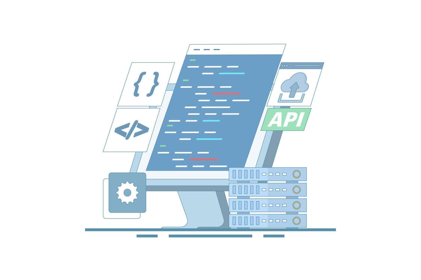 Application Programming Interface Concept, API provides an interface for communication between applications, software development tools, the Internet, and networks. flat illustration. vector